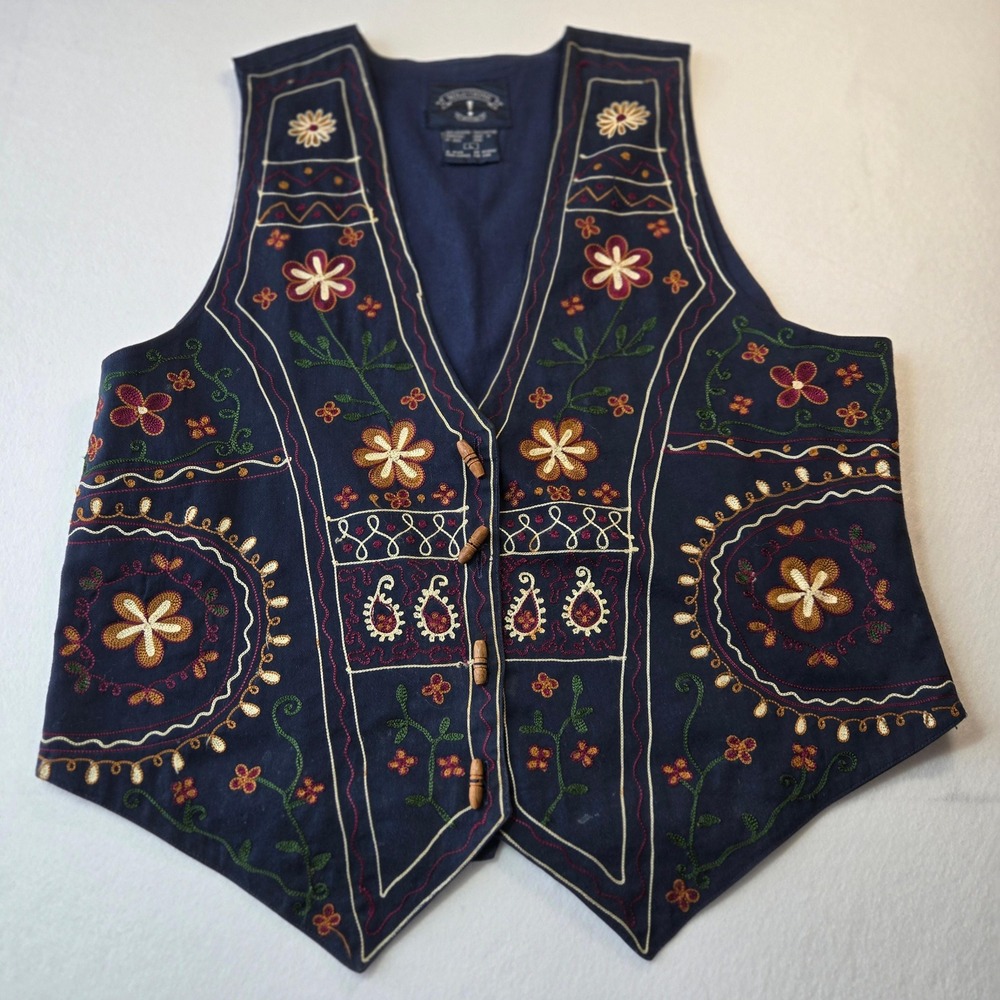 Solutions Embroidered Vest Womens Large Navy Blue Excellent Floral Cotton Toggle